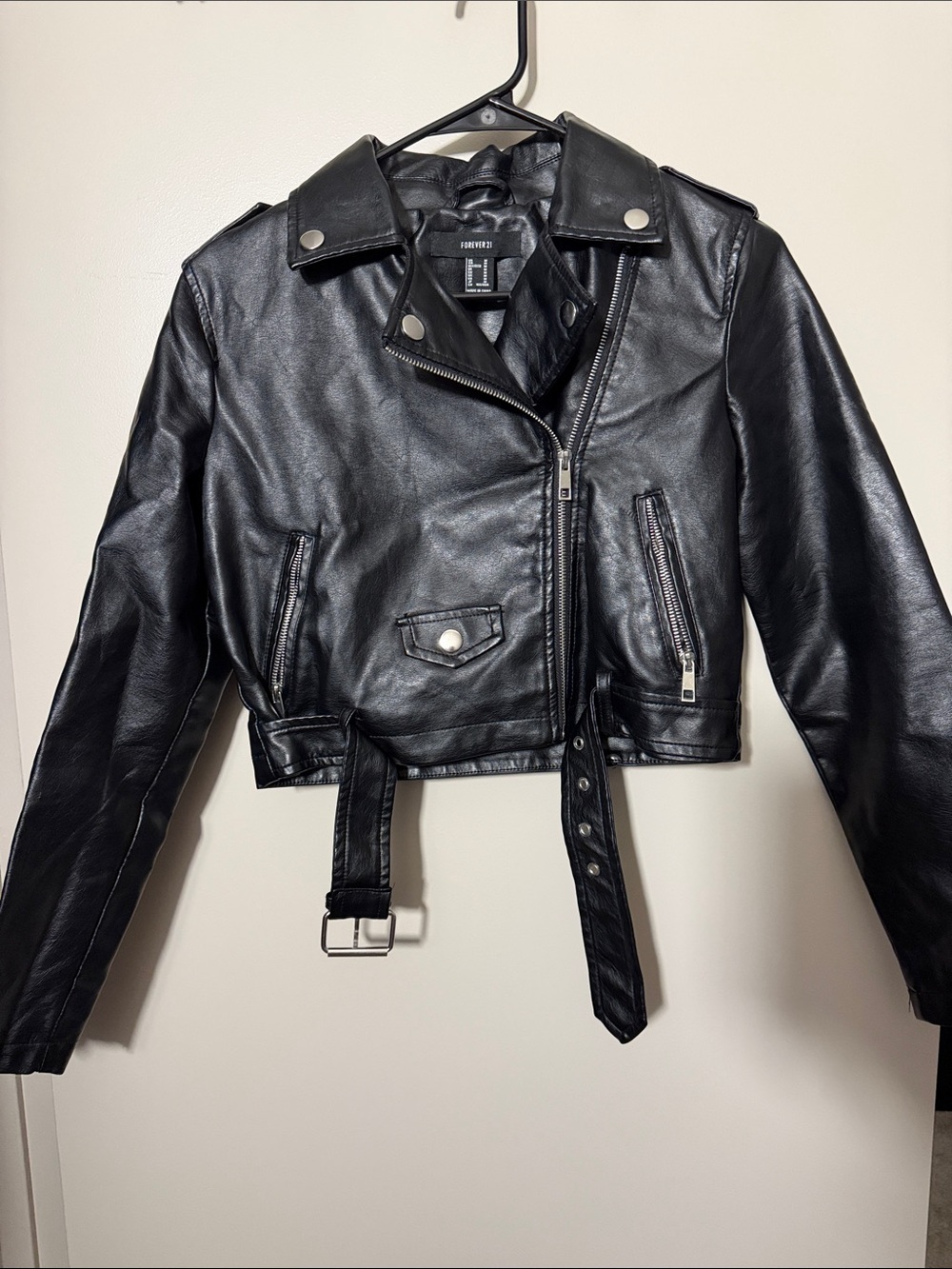 Forever 21 Black Faux Leather Cropped Moto Jacket with Belt